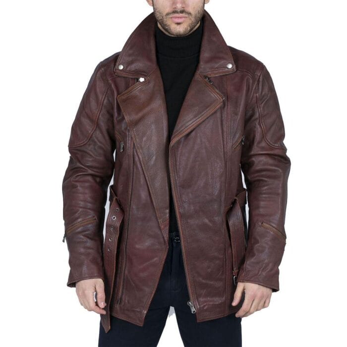 Mens Cross Zip Belted Black 3/4 Motorcycle Biker Long Leather Jacket CE Armour - Knighthood Store