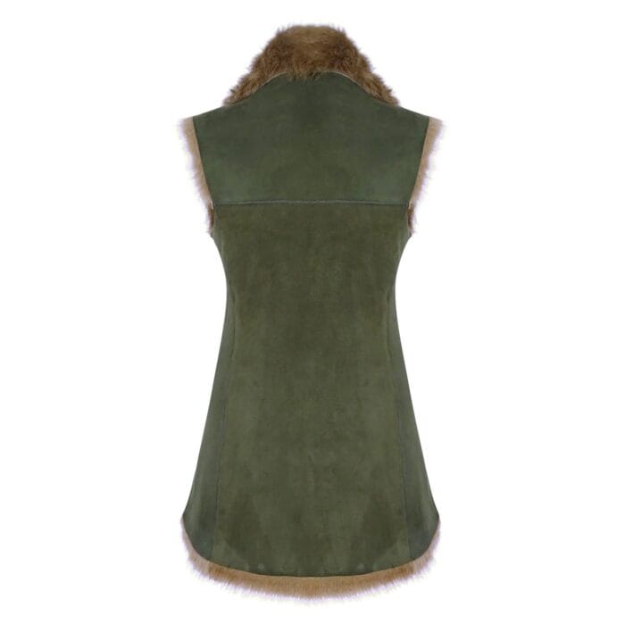 Ladies Women Real Spanish Shearling Sheepskin Toscana Olive Long Waistcoat Gilet - Knighthood Store