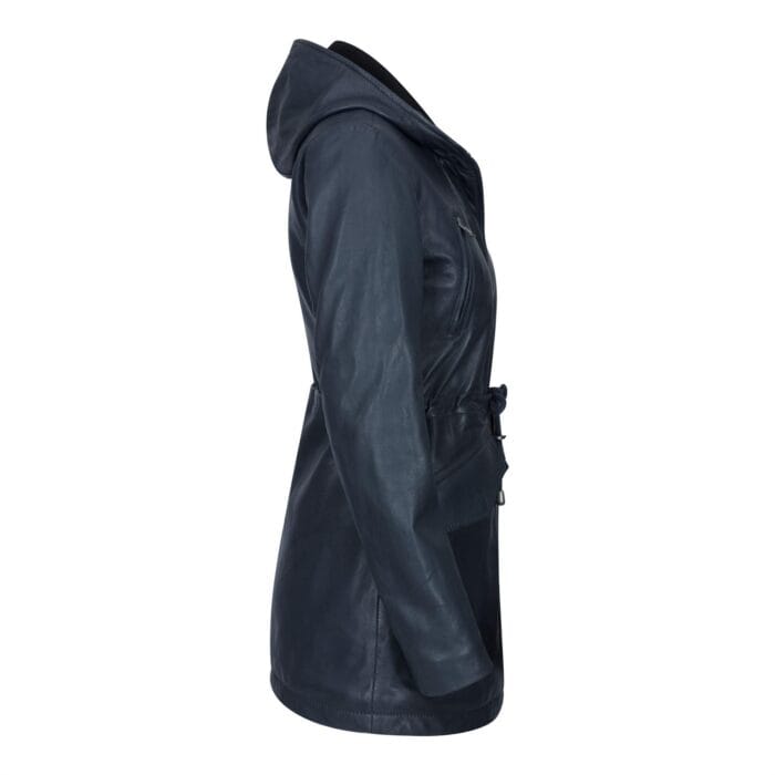 Womens Real Leather Peacoat Hooded Parka Jacket Navy Blue Brown Tailored Fit 3/4 Long - Knighthood Store