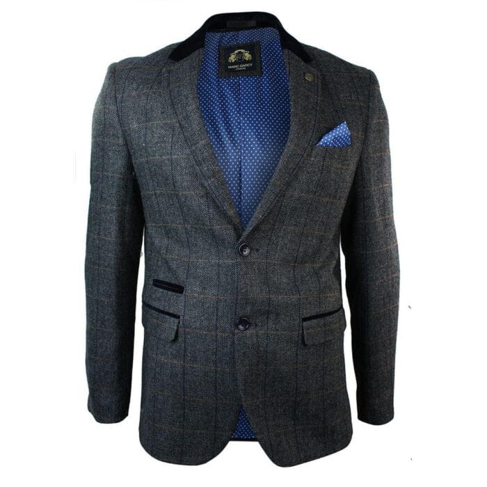 Mens Check Vintage Herringbone Tweed Tan Brown Blazer Jacket Fitted - Knighthood Store