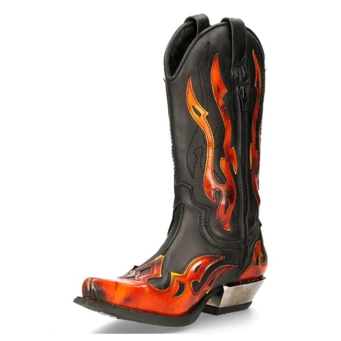 New Rock Unisex 7921-S2 New Rock Leather WEST Black Red Cowboy Leather Boots - Knighthood Store