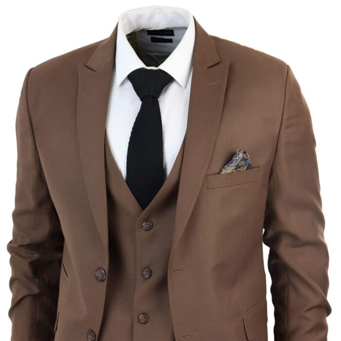Men's Classic Brown Suit 3 Piece Tailored Fit Vintage Office Wedding Prom - Knighthood Store