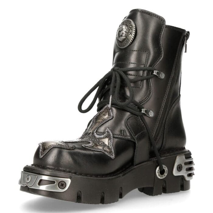 New Rock Mens 407-S1 Silver Cross Black Reactor Sole Leather Ankle Boots Gothic - Knighthood Store
