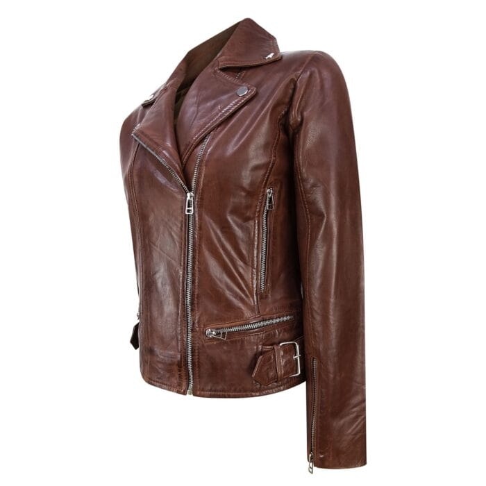 Ladies Women Genuine Real Leather Slim Fit Black Biker Jacket - Knighthood Store