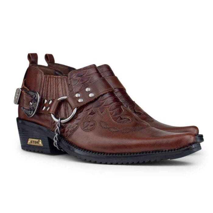 Mens Real Leather Croc Cowboy Riding Shoes Belt Chain Western Cuban Heel Dancing - Knighthood Store