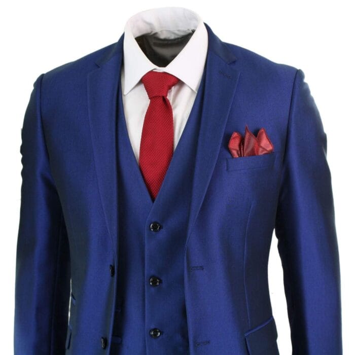Mens 3 Piece Shiny Blue Wedding Prom Party Suit Tailored Fit Smart Formal - Knighthood Store