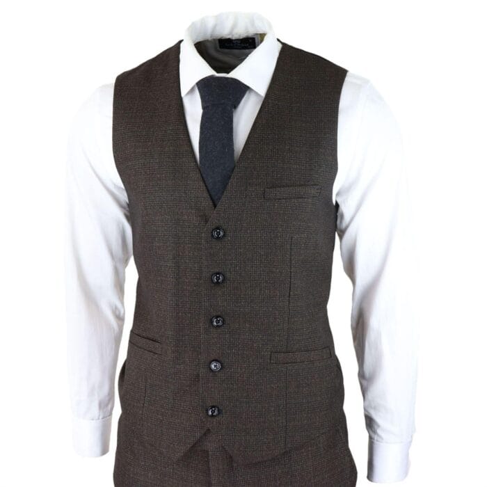 Mens 3 Piece Check Suit Tweed Black Brown Tailored Fit Wedding Peaky Classic - Knighthood Store