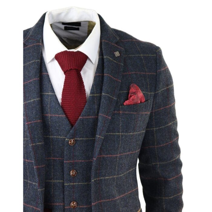 Mens Navy Blue 3 Piece Suit Herringbone Tweed Checked Formal Dress Suits - Knighthood Store