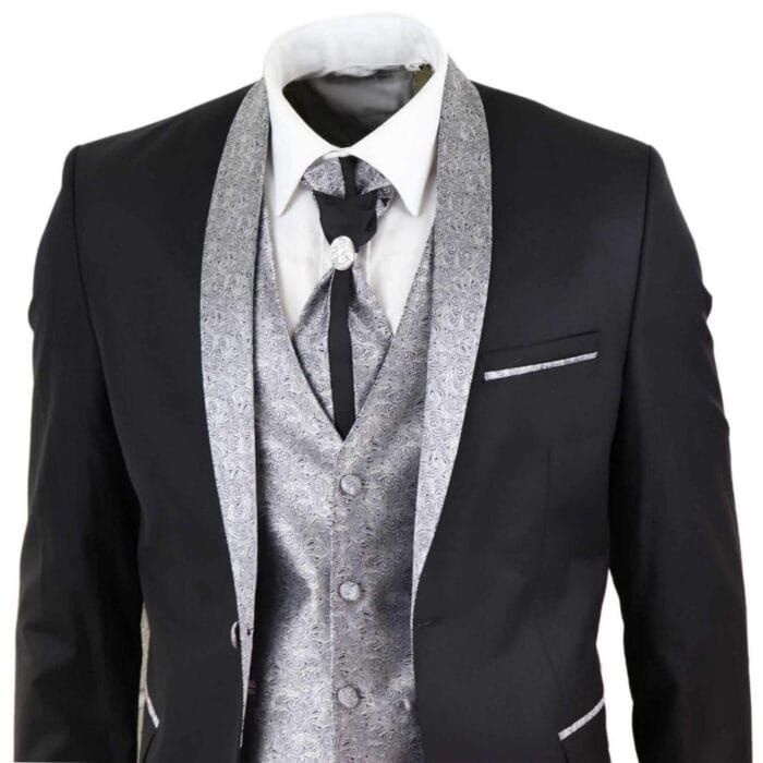 Mens 4 Piece Wedding Suit Groom Shawl Collar Vintage Black Silver Cravat Tailor - Knighthood Store