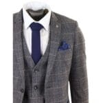 Mens Grey Check 3 Piece Suit Herringbone Tweed Vintage Tailored Fit Blue Velvet - Knighthood Store