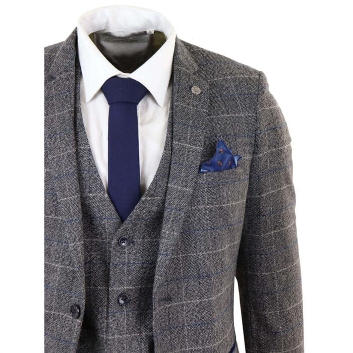 Mens Grey Check 3 Piece Suit Herringbone Tweed Vintage Tailored Fit Blue Velvet - Knighthood Store