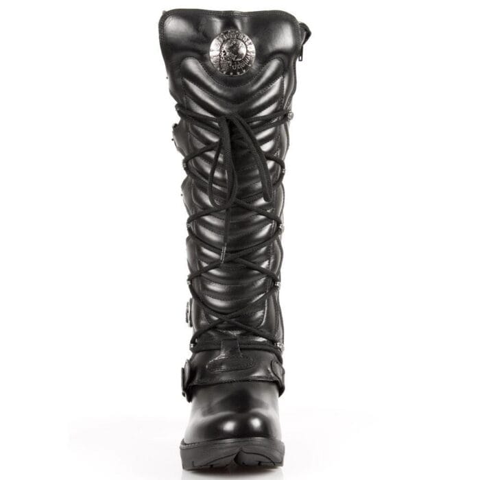 New Rock TR004-S1 Ladies Black 100% Leather Buckle Lace Knee High Biker Boots - Knighthood Store