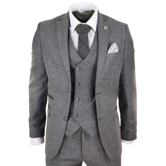 Mens Grey Wool 3 Piece Suit Double Breasted Waistcoat Tweed 1920s - Knighthood Store