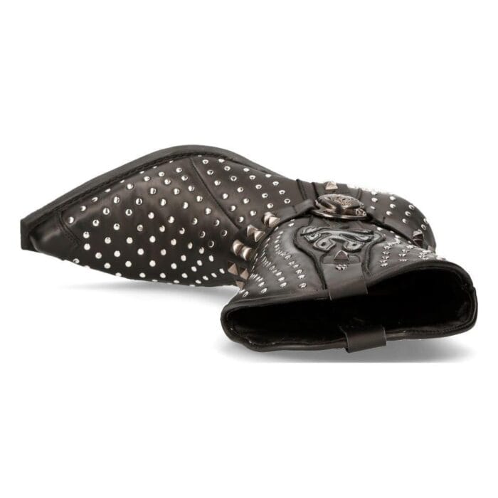 New Rock M-7928-s1 Western Cowboy Boots Black Leather Heavy Biker Silver Studs - Knighthood Store