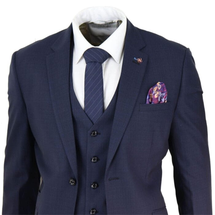 Mens 3 Piece Suit Navy Tailored Fit Classic Retro Vintage Wedding Prom Office - Knighthood Store