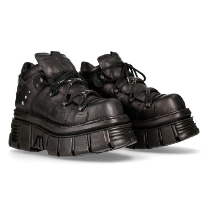 New Rock 106N-S52 TOWER SHOES Metallic Black Leather Biker Punk Gothic Boots - Knighthood Store