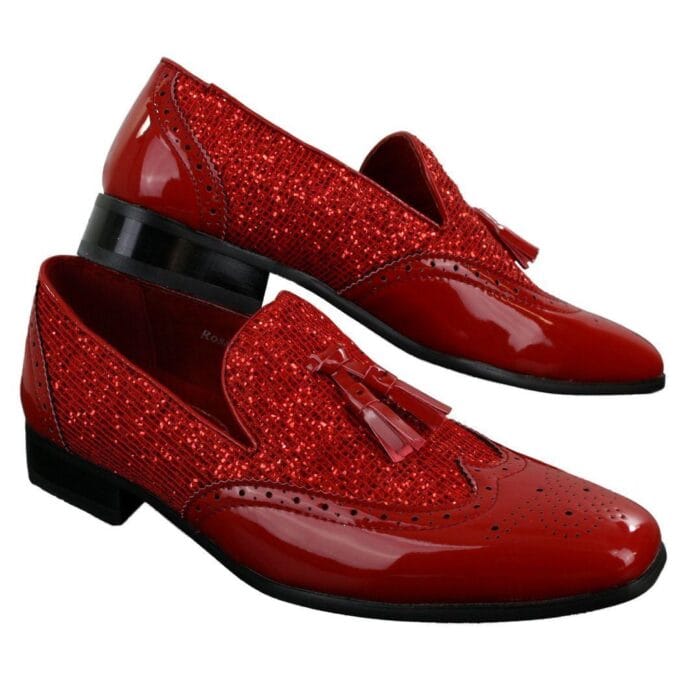 Mens Smart Party Shiny Tassle Shoes Red Silver Black Gold Slip On Patent Leather - Knighthood Store