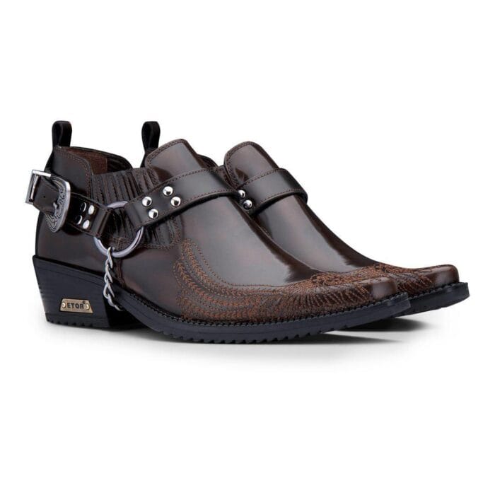 Mens Genuine Leather Western Shoes US Eagle Patent Shiny Wincklepickers Metal Chain Belt Cuban Heel Dancing Cowboy - Knighthood Store