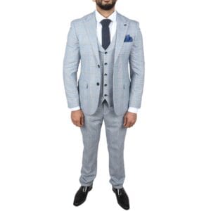 Men's Suit Blue 3 Piece Tweed Check Wedding Prom Tailored Fit - Knighthood Store