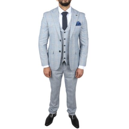 Men's Suit Blue 3 Piece Tweed Check Wedding Prom Tailored Fit - Knighthood Store