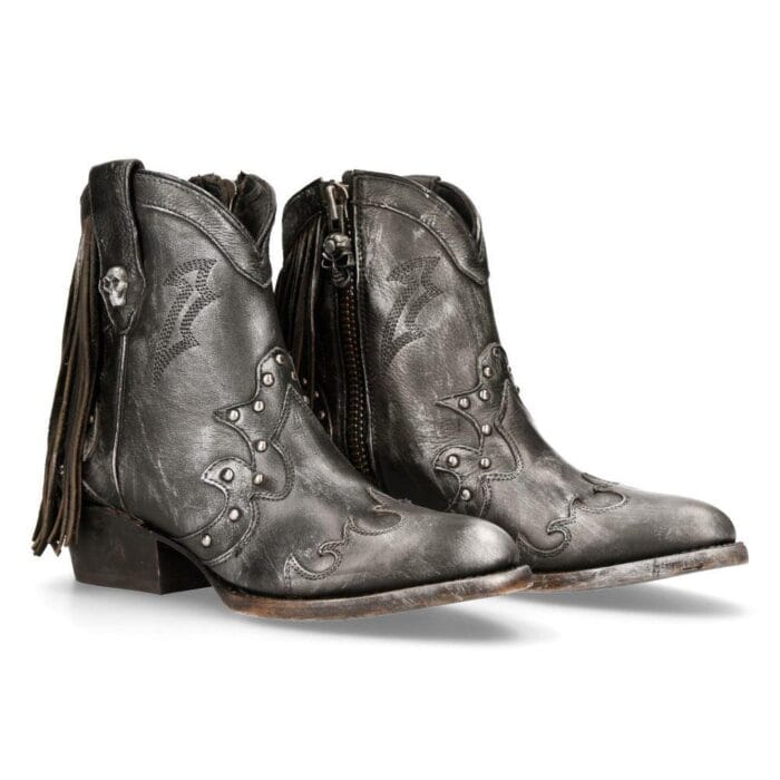 New Rock WSTM003-S1 Grey Leather Cowboy Western Pointed Boots Tassel Vintage - Knighthood Store