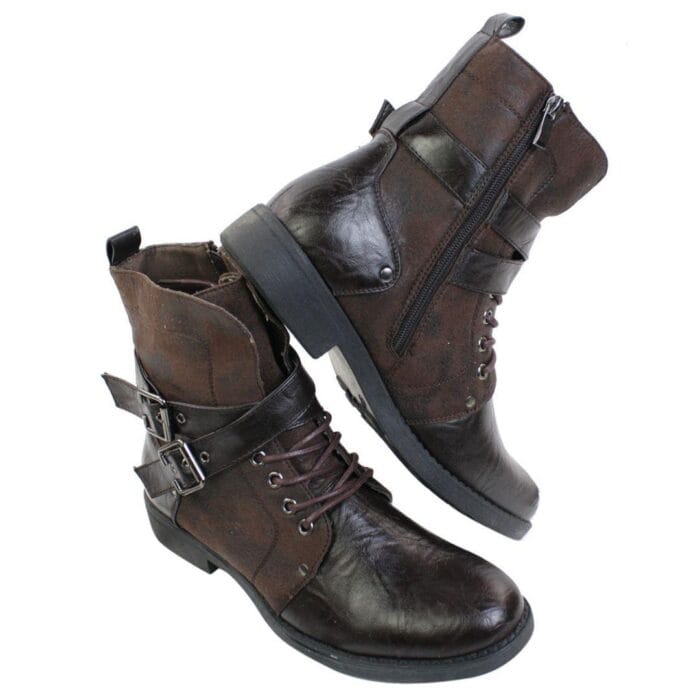 Mens Punk Rock Goth Elmo Ankle Boots Brown Black Leather Buckle - Knighthood Store
