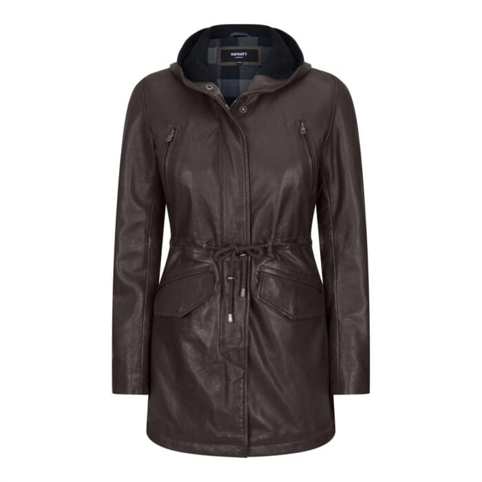 Womens Real Leather Peacoat Hooded Parka Jacket Navy Blue Brown Tailored Fit 3/4 Long - Knighthood Store