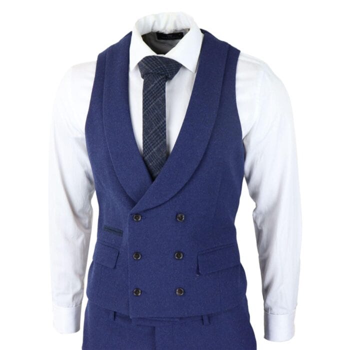 Mens Wool 3 Piece Blue Suit Double Breasted Waistcoat Wedding Party Vintage 1920s - Knighthood Store