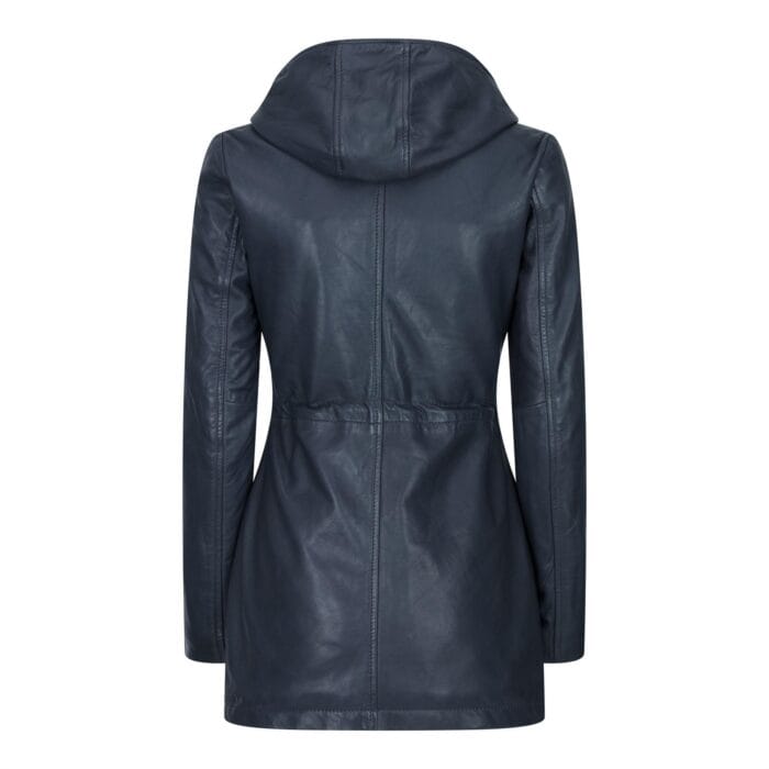 Womens Real Leather Peacoat Hooded Parka Jacket Navy Blue Brown Tailored Fit 3/4 Long - Knighthood Store