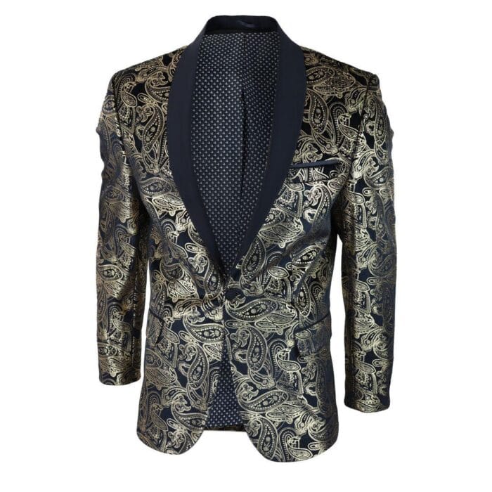 Mens Velvet Paisley Floral Blazer Black Gold Silver Tuxedo Jacket Dinner Suit Tux - Knighthood Store