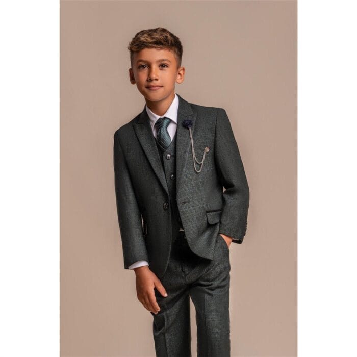 Boys 3 Piece Olive Green Check Suit Tweed Tailored Fit Wedding - Knighthood Store