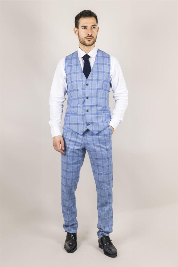 Men's Waistcoat Light Blue Checked Tailored Fit Vest - Knighthood Store