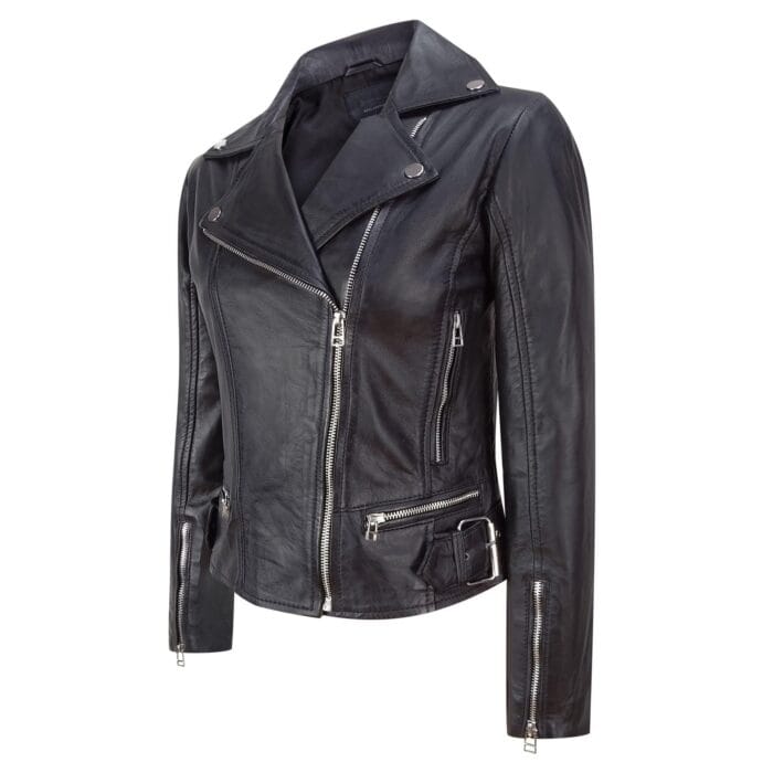 Ladies Women Genuine Real Leather Slim Fit Black Biker Jacket - Knighthood Store