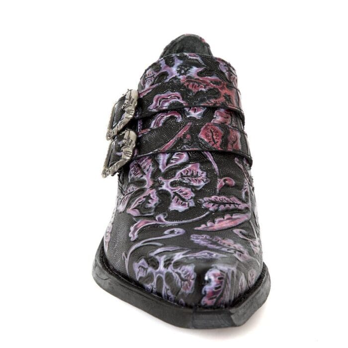 New Rock 7960-s8 Shoe Embossed Vintage Black Leather Buckle Steel Heel Shoes - Knighthood Store