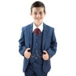Boys 3 Piece Navy Blue Suit Tweed Check Blinders Tailored Fit Vintage - Knighthood Store