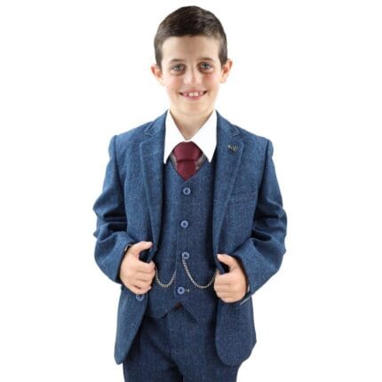 Boys 3 Piece Navy Blue Suit Tweed Check Blinders Tailored Fit Vintage - Knighthood Store