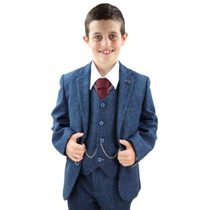 Boys 3 Piece Navy Blue Suit Tweed Check Blinders Tailored Fit Vintage - Knighthood Store