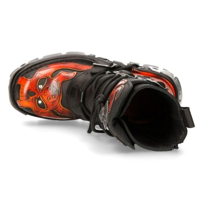 New Rock 107-S1 Red Skull Devil Black Leather Boot Biker Goth Rock Boots - Knighthood Store