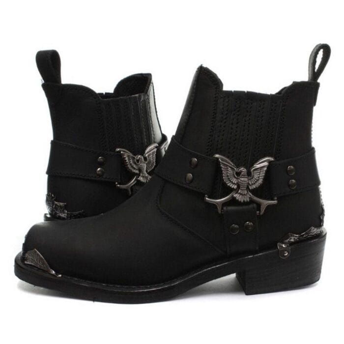 Mens Real Leather Lo Biker Boots Rock Punk Grinders Eagle Buckle Metal Toe - Knighthood Store