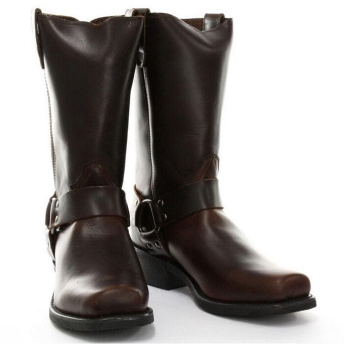 Unisex Real Leather Hi Biker Boots Rock Punk Grinders Buckle Cowboy Riding - Knighthood Store