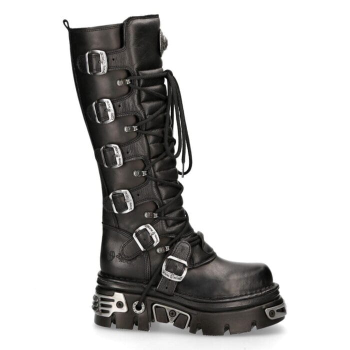 New Rock 272 Metallic Black Goth Knee High Zip Leather Buckle Boots Punk Emo - Knighthood Store