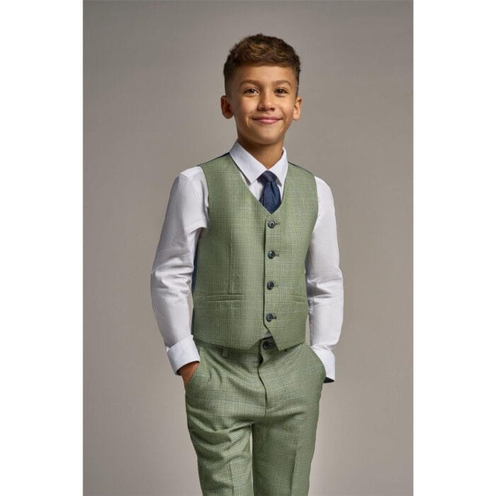 Boys 3 Piece Sage Green Check Suit Tweed Tailored Fit Wedding - Knighthood Store