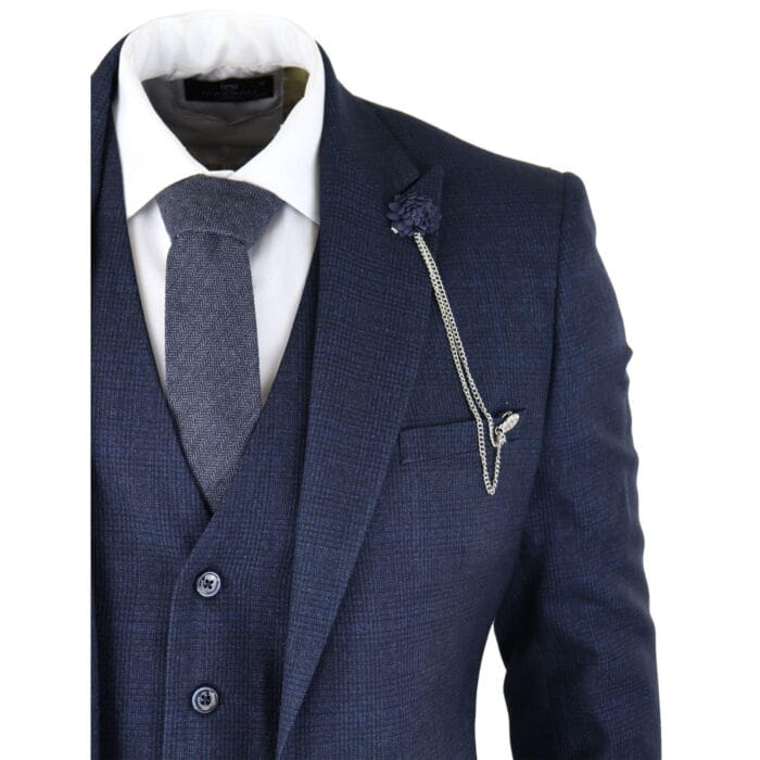 Mens Herringbone Tweed Navy Blue Check 3 Piece Vintage Suit Tan - Knighthood Store