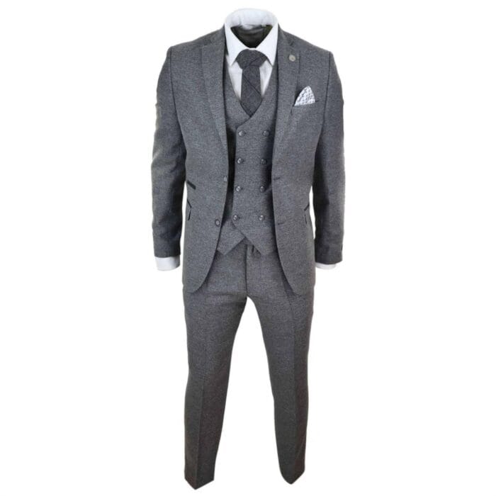 Mens Grey Wool 3 Piece Suit Double Breasted Waistcoat Tweed 1920s - Knighthood Store