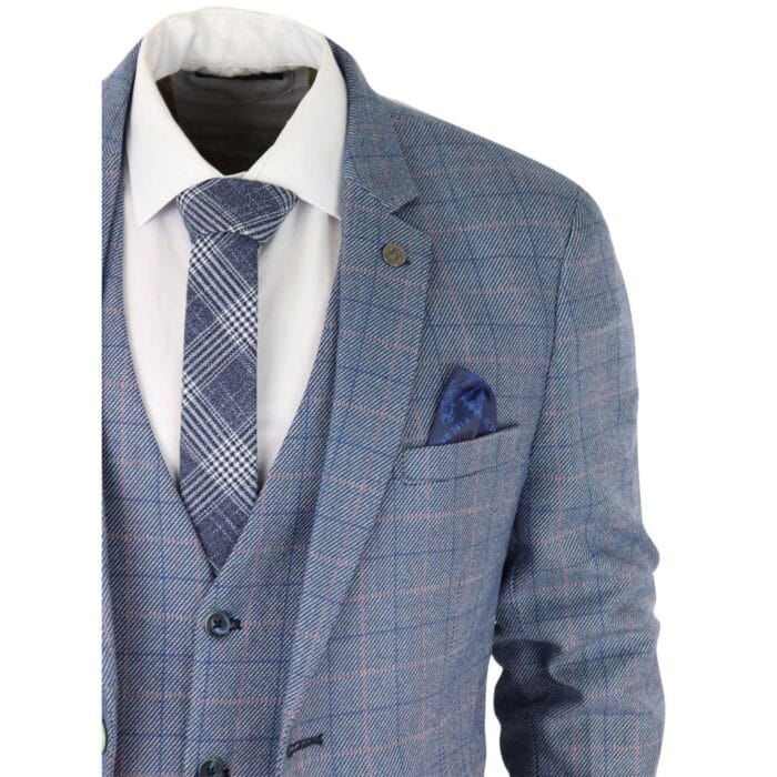 Mens 3 Piece Suit Sky Blue Check Wool Feel Marc Darcy Tailored Fit Wedding Prom Harry - Knighthood Store