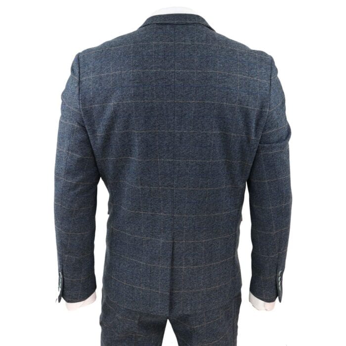 Mens Blue Check 3 Piece Suit Herringbone Tweed Vintage Tailored Fit Grey Velvet - Knighthood Store
