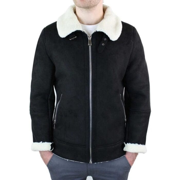 Mens Suede Sheepskin Faux Fur B3 Aviator Flying Jacket Cross Zip RAF Vintage - Knighthood Store