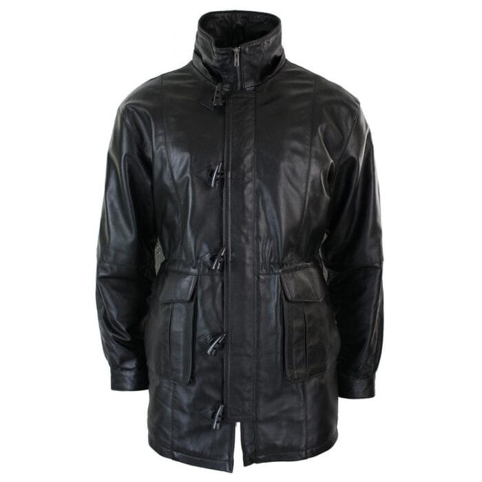 Mens 3/4 Long Real Leather Duffle Jacket Coat Safari Detachable Hood Classic - Knighthood Store