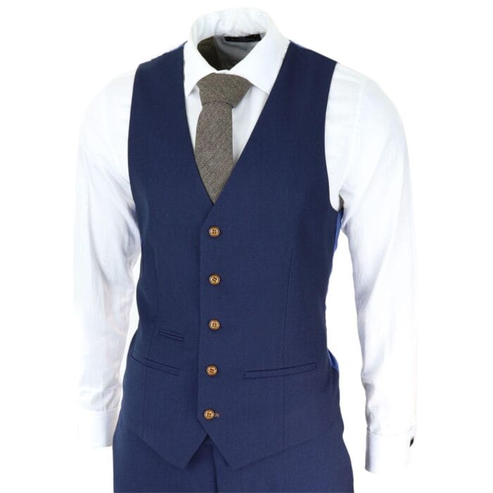 Mens Navy 3 piece Suit Brown Trim Classic Birdseye Vintage Wedding Grooms - Knighthood Store