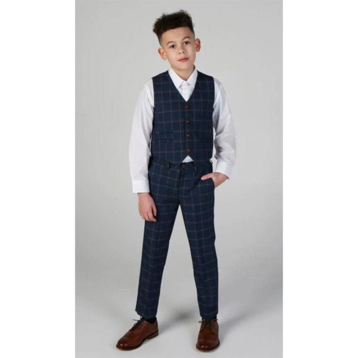 Boys 3 Piece Suit Blue Orange Check - Knighthood Store